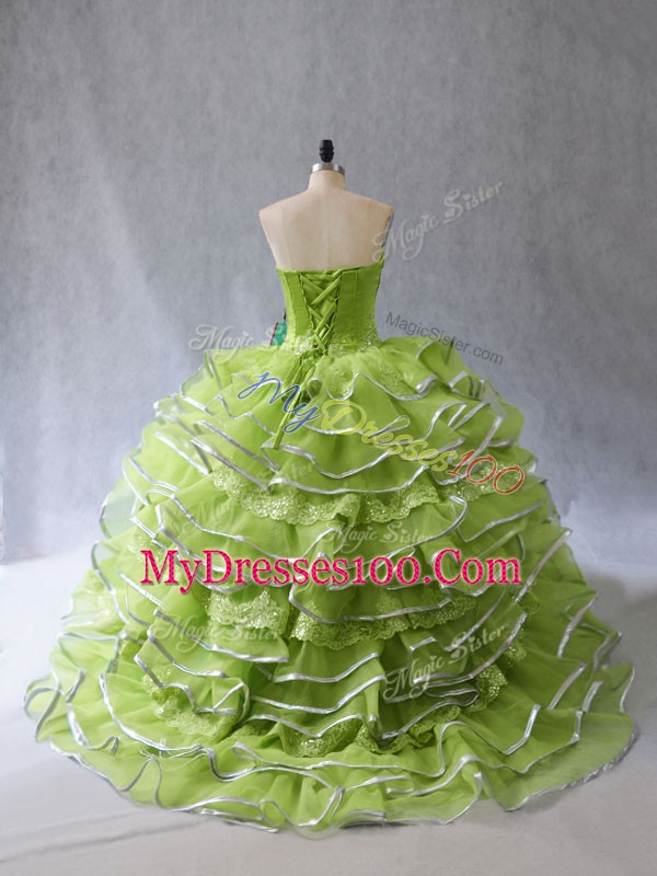 Yellow Green Sweet 16 Quinceanera Dress Organza and Tulle Brush Train Sleeveless Appliques and Ruffles