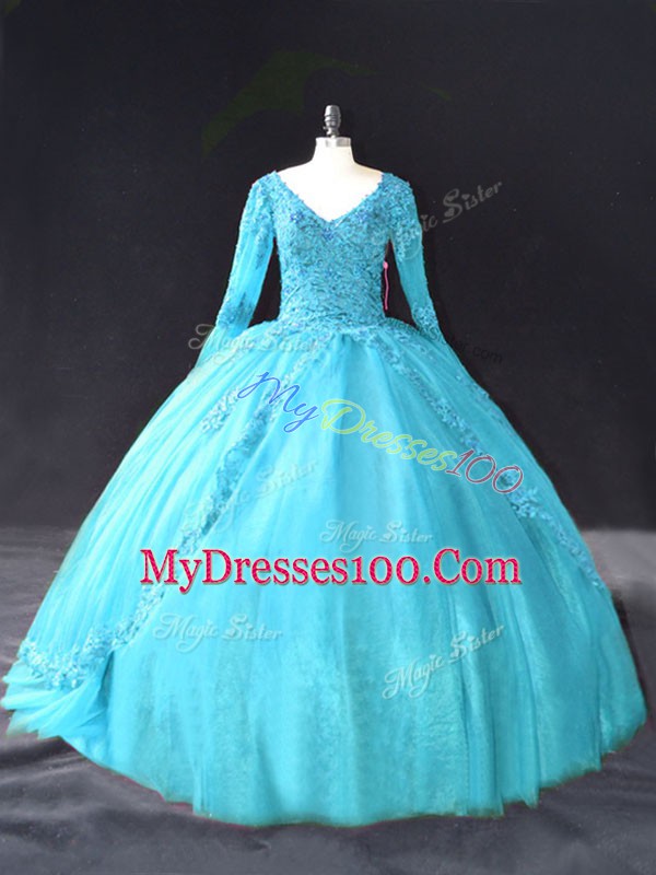Latest Tulle Long Sleeves Floor Length Sweet 16 Dress and Lace and Appliques