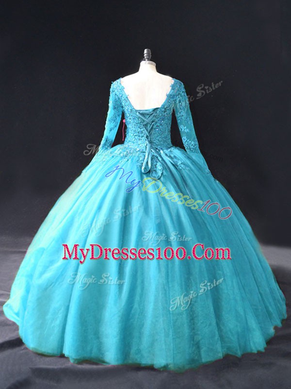 Latest Tulle Long Sleeves Floor Length Sweet 16 Dress and Lace and Appliques