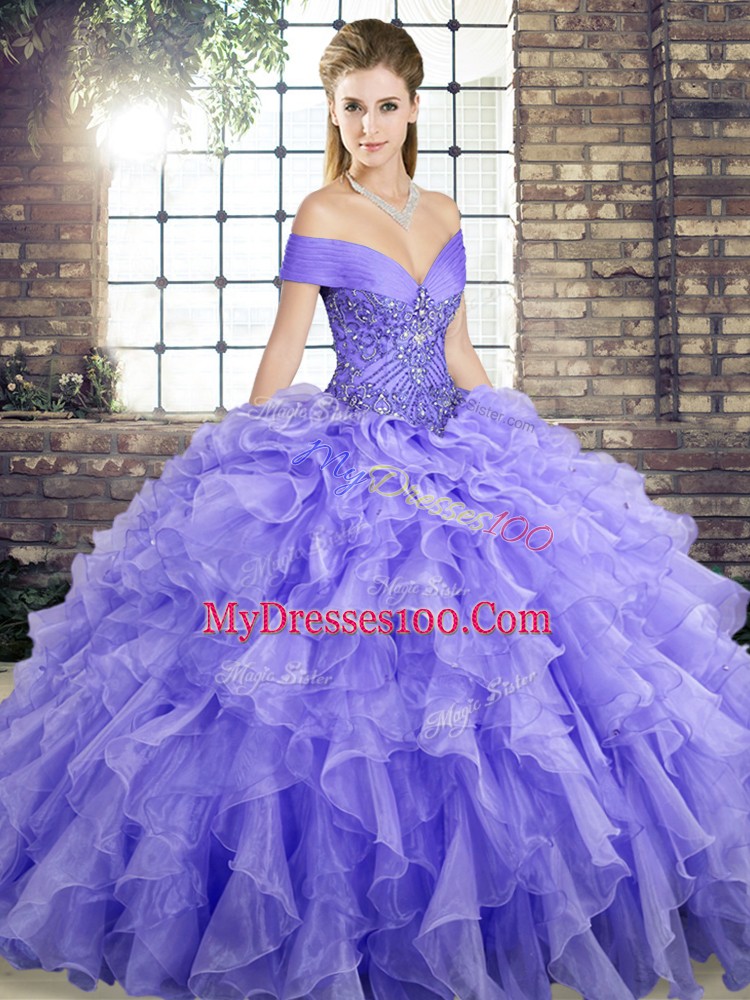 Captivating Lavender Sleeveless Brush Train Beading and Ruffles 15th Birthday Dress