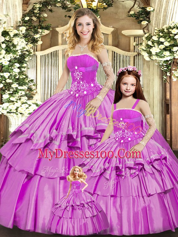Lilac Lace Up Quinceanera Gowns Beading and Ruffled Layers Sleeveless Floor Length