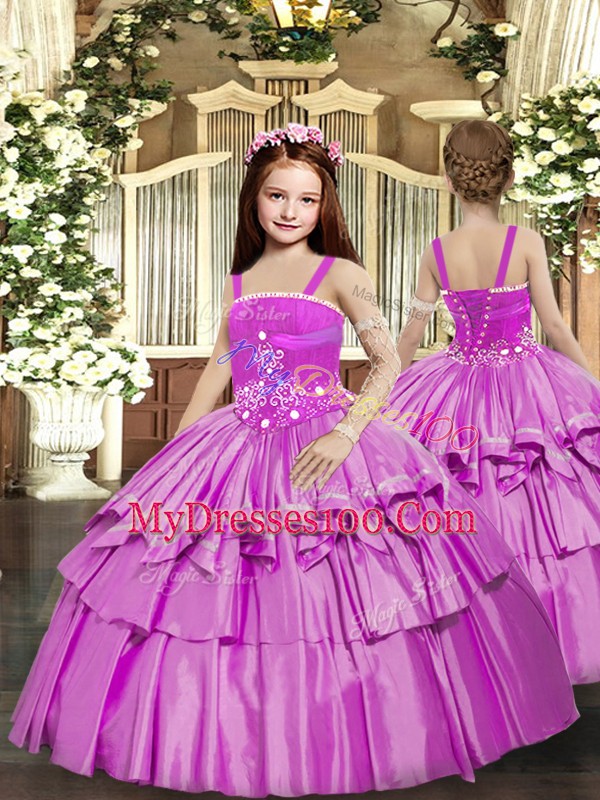 Lilac Lace Up Quinceanera Gowns Beading and Ruffled Layers Sleeveless Floor Length