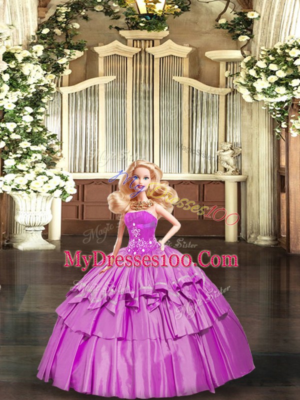 Lilac Lace Up Quinceanera Gowns Beading and Ruffled Layers Sleeveless Floor Length