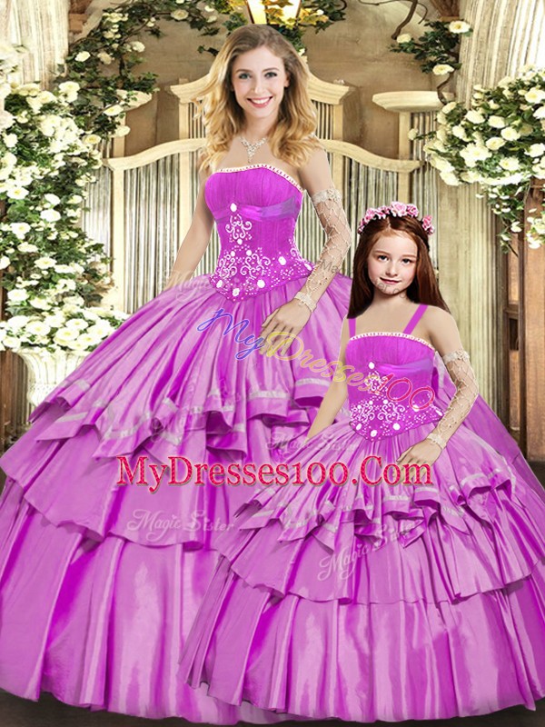 Lilac Lace Up Quinceanera Gowns Beading and Ruffled Layers Sleeveless Floor Length