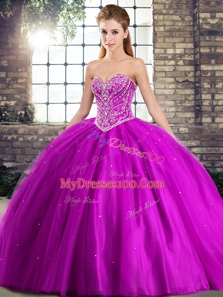 Purple Ball Gowns Sweetheart Sleeveless Tulle Brush Train Lace Up Beading Sweet 16 Quinceanera Dress