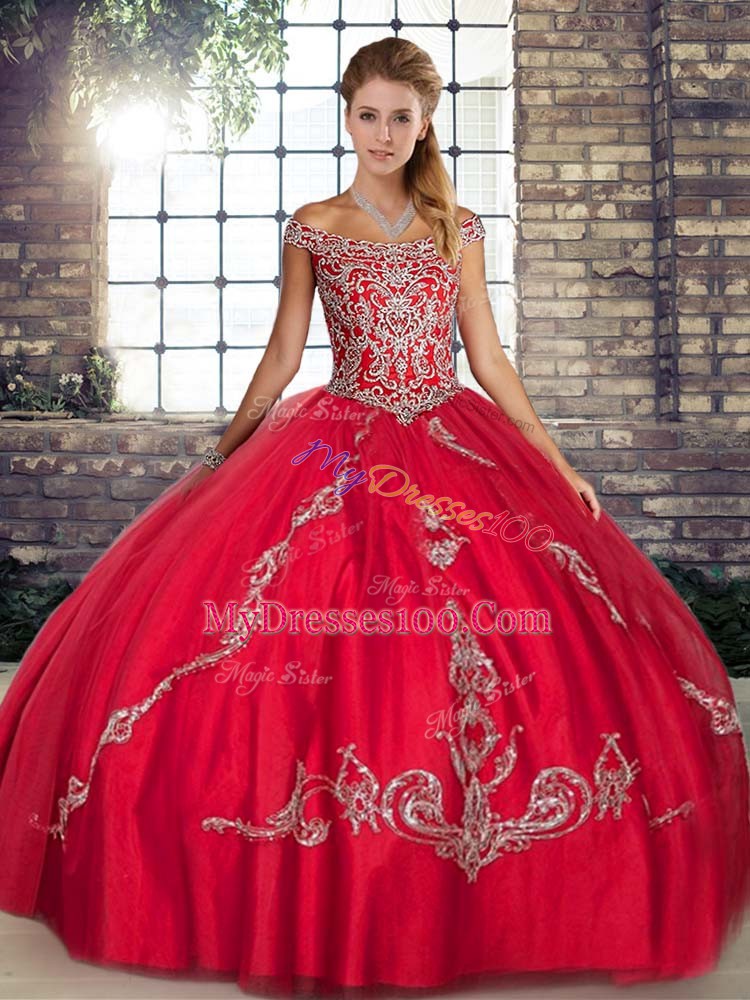 Pretty Red Lace Up Off The Shoulder Beading and Embroidery Quinceanera Gowns Tulle Sleeveless