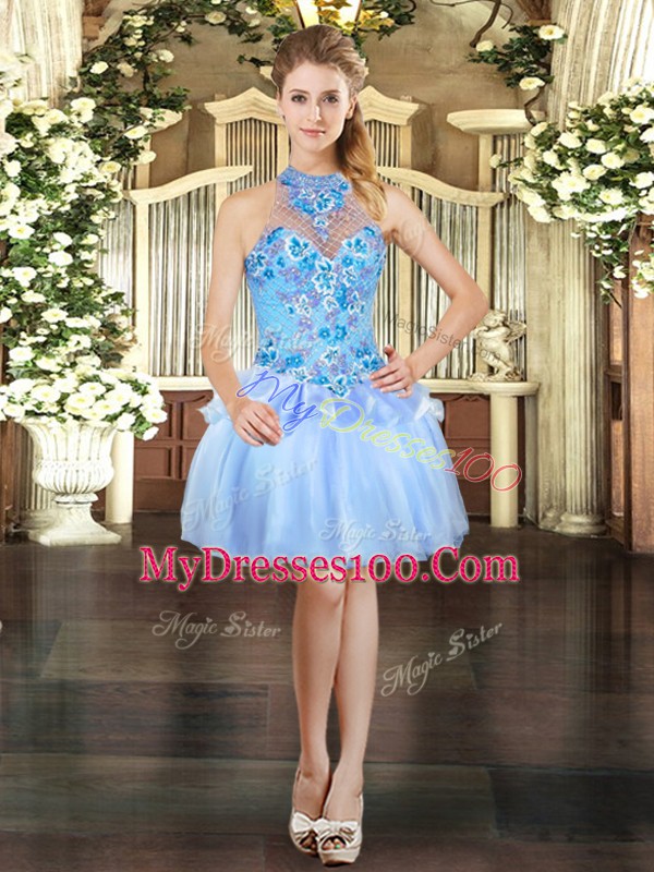 Light Blue Halter Top Lace Up Embroidery Sleeveless