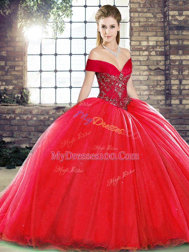 Modern Red Sleeveless Organza Brush Train Lace Up 15 Quinceanera Dress for Military Ball and Sweet 16 and Quinceanera