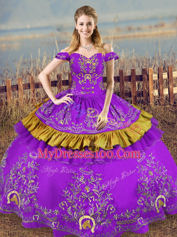 Fitting Purple Lace Up Off The Shoulder Embroidery Quinceanera Gowns Satin and Organza Sleeveless