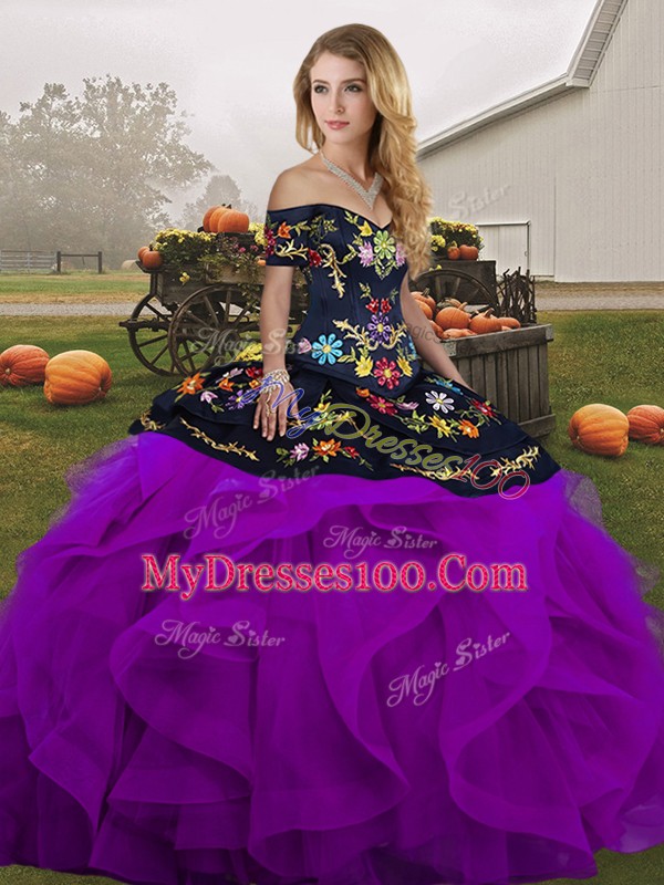 Glittering Tulle Off The Shoulder Sleeveless Lace Up Embroidery and Ruffles 15th Birthday Dress in Black And Purple