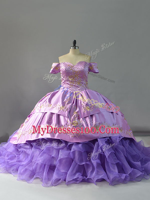 Clearance Organza Sleeveless Quince Ball Gowns Chapel Train and Embroidery and Ruffles