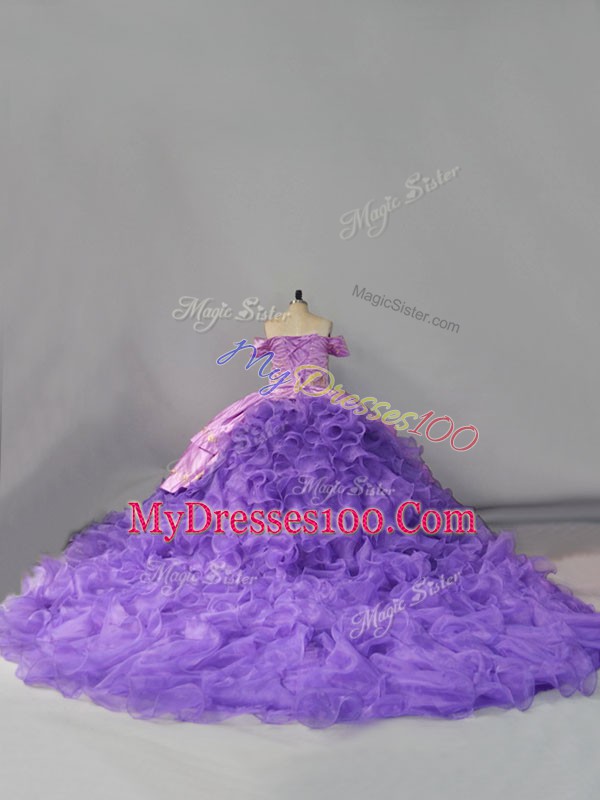 Clearance Organza Sleeveless Quince Ball Gowns Chapel Train and Embroidery and Ruffles