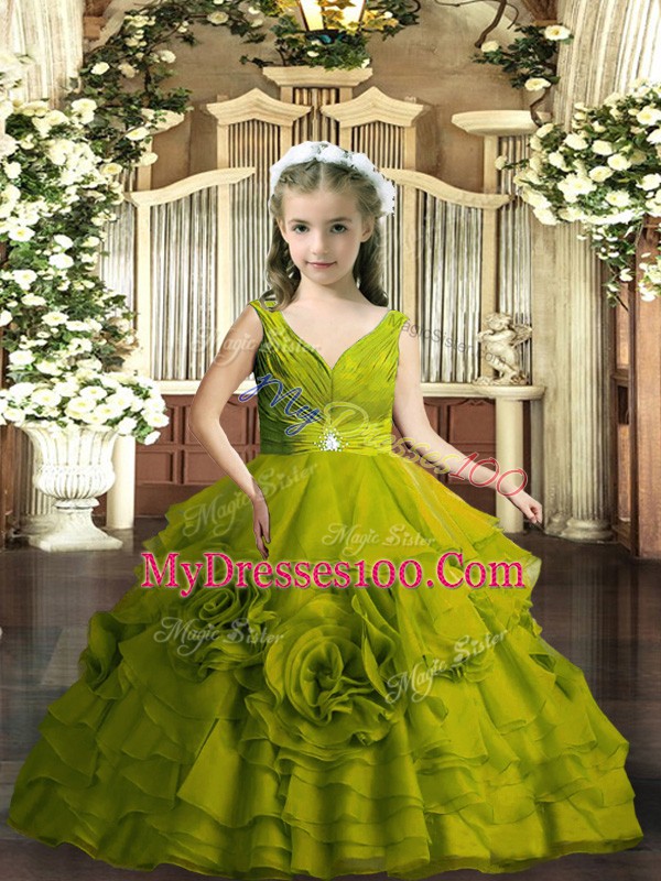 Olive Green Ball Gowns Organza V-neck Sleeveless Beading Floor Length Backless Kids Pageant Dress
