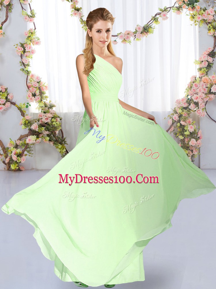 Traditional Yellow Green Empire One Shoulder Sleeveless Chiffon Floor Length Lace Up Ruching Bridesmaids Dress