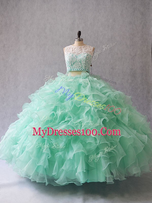Apple Green Organza Zipper 15th Birthday Dress Sleeveless Floor Length Beading and Lace and Ruffles
