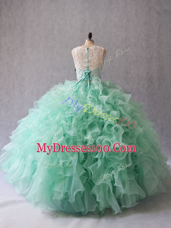 Apple Green Organza Zipper 15th Birthday Dress Sleeveless Floor Length Beading and Lace and Ruffles