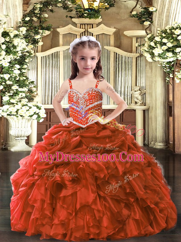 Floor Length Lace Up Little Girl Pageant Gowns Rust Red for Party and Wedding Party with Beading and Ruffles