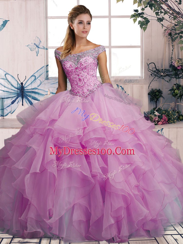 New Style Organza Off The Shoulder Sleeveless Lace Up Beading and Ruffles Sweet 16 Dresses in Lilac