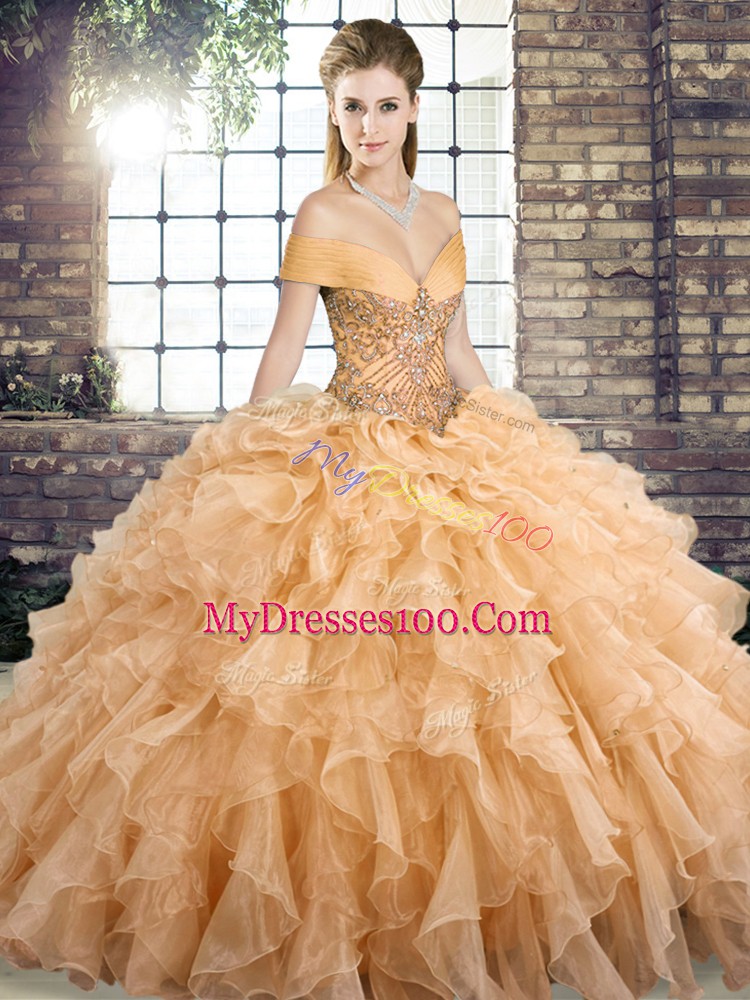 Gold Sweet 16 Quinceanera Dress Off The Shoulder Sleeveless Brush Train Lace Up