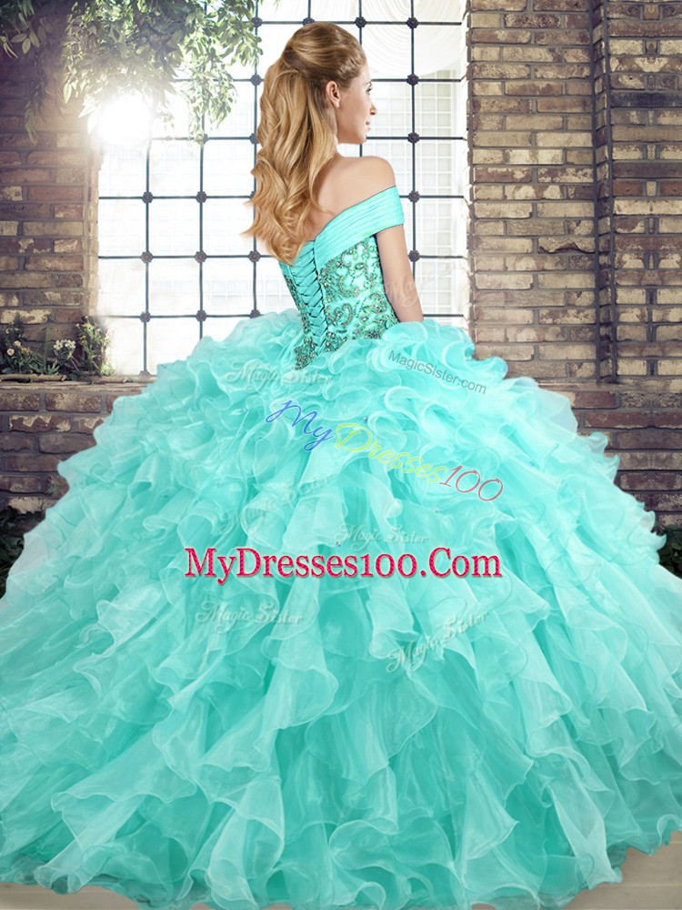 Gold Sweet 16 Quinceanera Dress Off The Shoulder Sleeveless Brush Train Lace Up