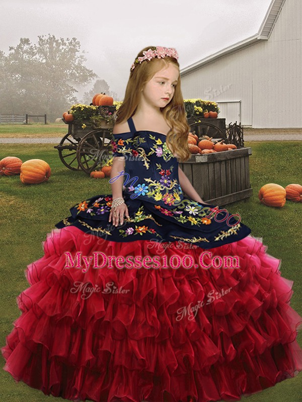 Sleeveless Lace Up Floor Length Embroidery Little Girls Pageant Gowns
