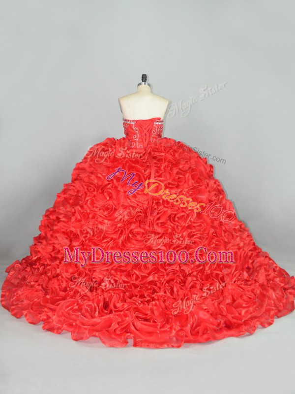 Beading and Ruffles Quince Ball Gowns Red Lace Up Sleeveless Brush Train