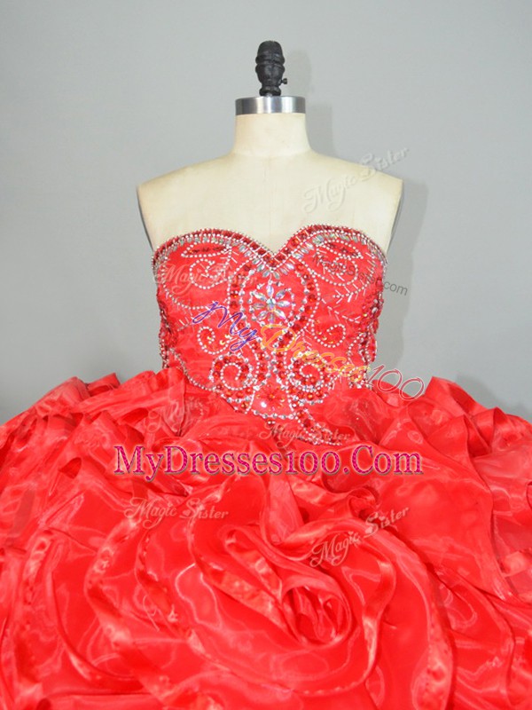 Beading and Ruffles Quince Ball Gowns Red Lace Up Sleeveless Brush Train