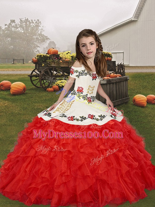 Red Sleeveless Floor Length Embroidery and Ruffles Lace Up Little Girls Pageant Gowns