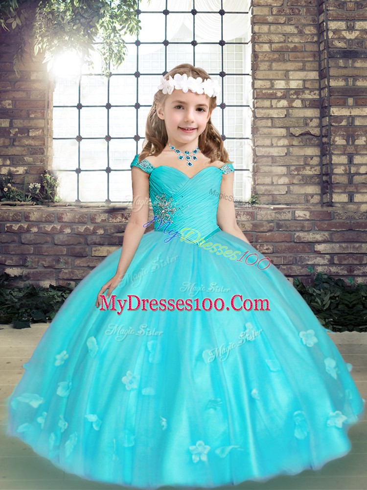 Sleeveless Floor Length Beading and Hand Made Flower Lace Up Pageant Gowns with Aqua Blue
