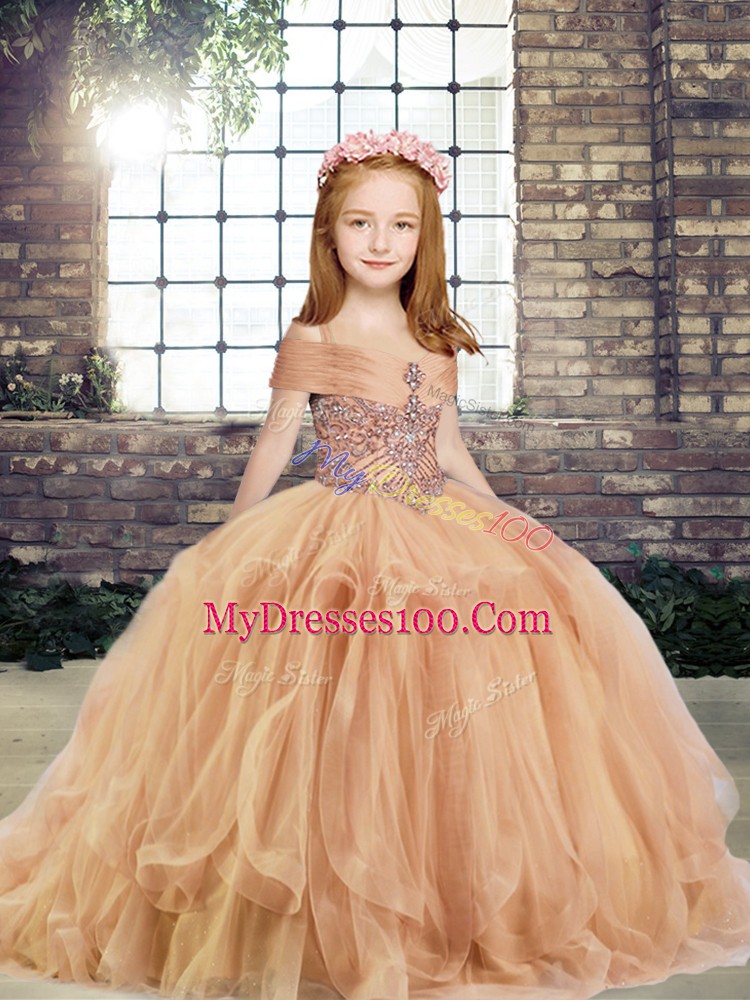 High Class Sleeveless Floor Length Beading Lace Up Pageant Gowns with Champagne
