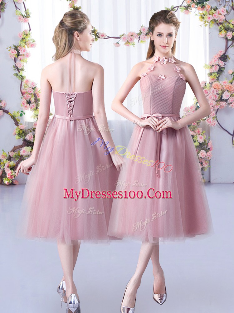 Appliques and Belt Bridesmaid Dresses Pink Lace Up Sleeveless Tea Length