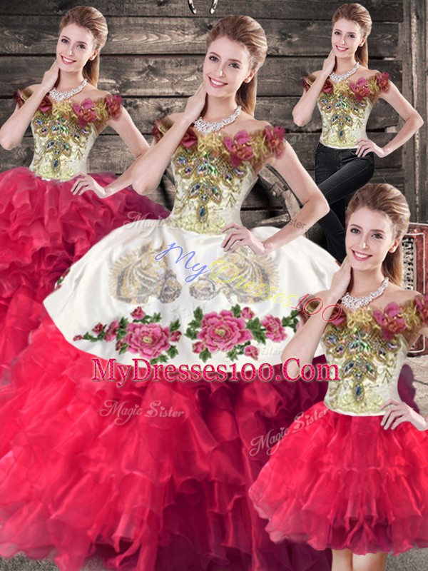 Romantic Pink And White Ball Gowns Organza Off The Shoulder Sleeveless Embroidery and Ruffles Floor Length Lace Up Quinceanera Gowns