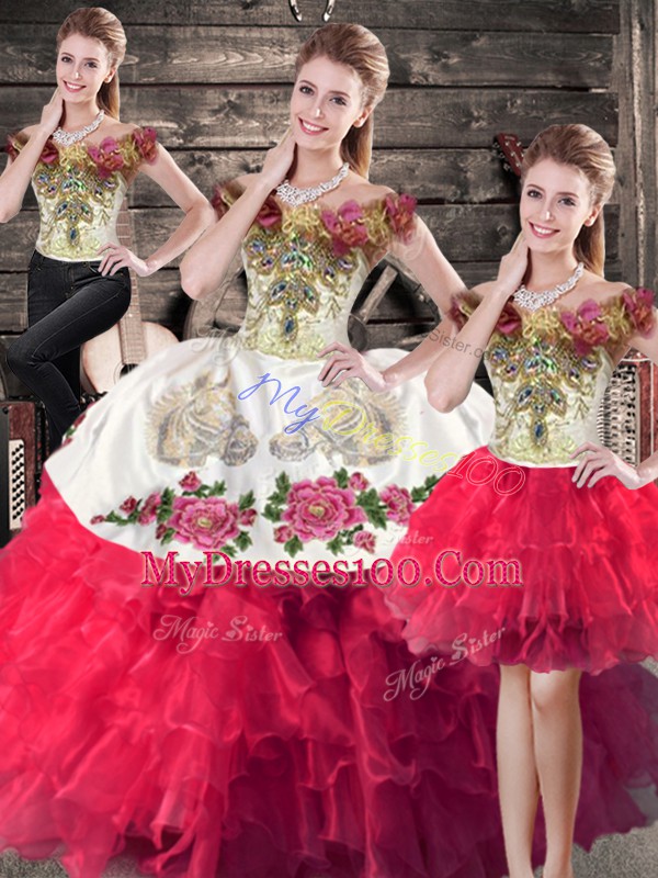 Romantic Pink And White Ball Gowns Organza Off The Shoulder Sleeveless Embroidery and Ruffles Floor Length Lace Up Quinceanera Gowns