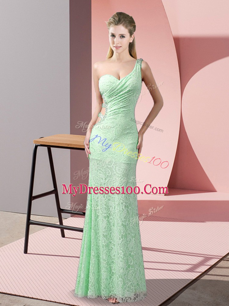 Modest Sleeveless Floor Length Beading and Lace Criss Cross Dress for Prom with Apple Green