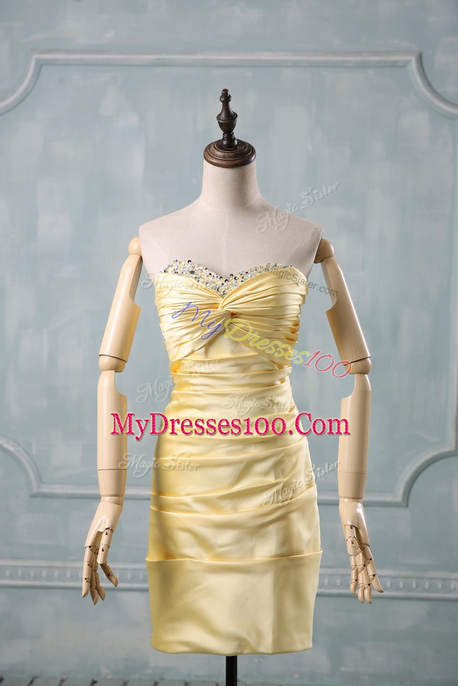 Fitting Yellow Side Zipper Cocktail Dresses Beading and Ruching Sleeveless Mini Length