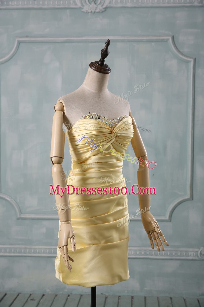 Fitting Yellow Side Zipper Cocktail Dresses Beading and Ruching Sleeveless Mini Length