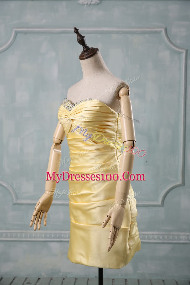 Fitting Yellow Side Zipper Cocktail Dresses Beading and Ruching Sleeveless Mini Length