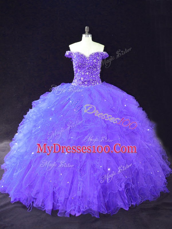 Designer Sleeveless Floor Length Beading Lace Up Quince Ball Gowns with Purple
