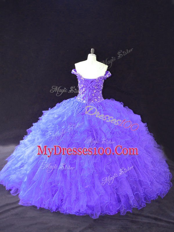 Designer Sleeveless Floor Length Beading Lace Up Quince Ball Gowns with Purple
