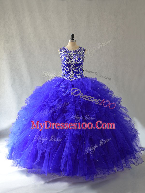 Classical Royal Blue Quinceanera Gown Sweet 16 and Quinceanera with Beading and Ruffles Scoop Sleeveless Lace Up