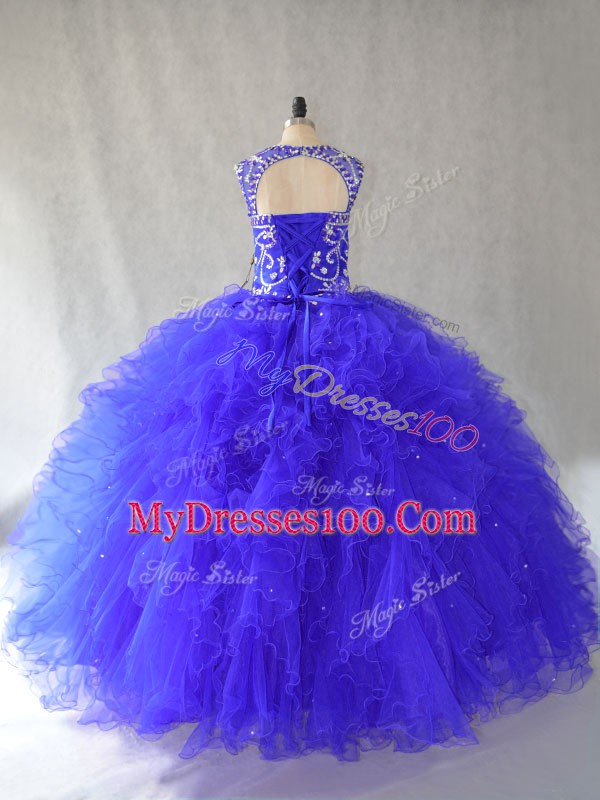 Classical Royal Blue Quinceanera Gown Sweet 16 and Quinceanera with Beading and Ruffles Scoop Sleeveless Lace Up