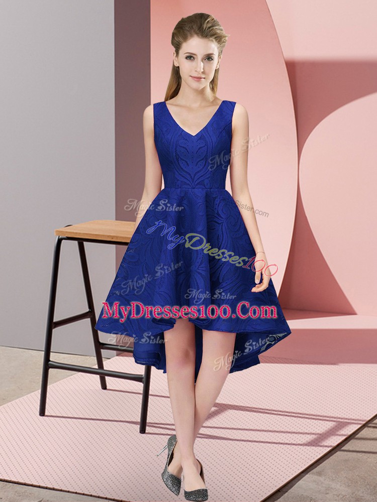Extravagant Royal Blue Lace Zipper V-neck Sleeveless High Low Bridesmaid Gown Lace