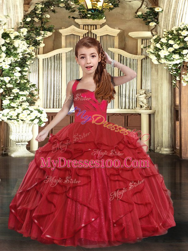 Red Straps Lace Up Ruffles Kids Pageant Dress Sleeveless