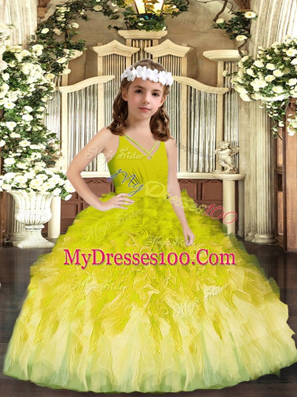 Perfect Ruffles Little Girls Pageant Gowns Olive Green Zipper Sleeveless Floor Length