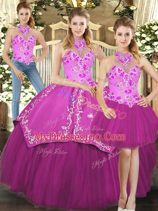 Trendy Fuchsia Lace Up Halter Top Embroidery Vestidos de Quinceanera Satin and Tulle Sleeveless