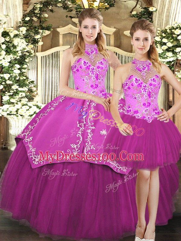 Trendy Fuchsia Lace Up Halter Top Embroidery Vestidos de Quinceanera Satin and Tulle Sleeveless