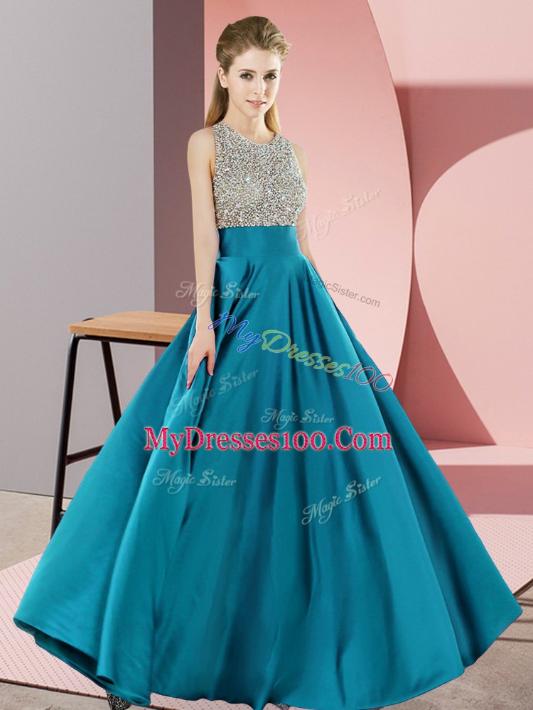 Scoop Sleeveless Backless Homecoming Dresses Teal Elastic Woven Satin