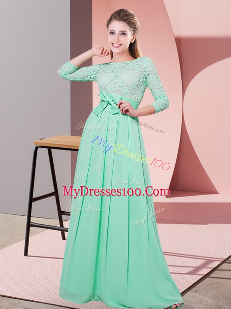 Romantic Apple Green Side Zipper Scoop Lace and Belt Quinceanera Court Dresses Chiffon 3 4 Length Sleeve