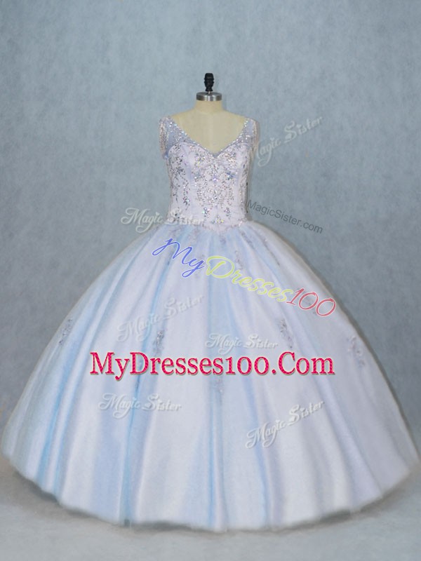 Best Selling V-neck Sleeveless Sweet 16 Quinceanera Dress Floor Length Beading Blue Tulle