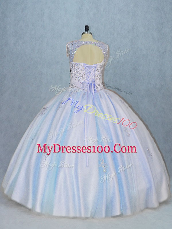 Best Selling V-neck Sleeveless Sweet 16 Quinceanera Dress Floor Length Beading Blue Tulle